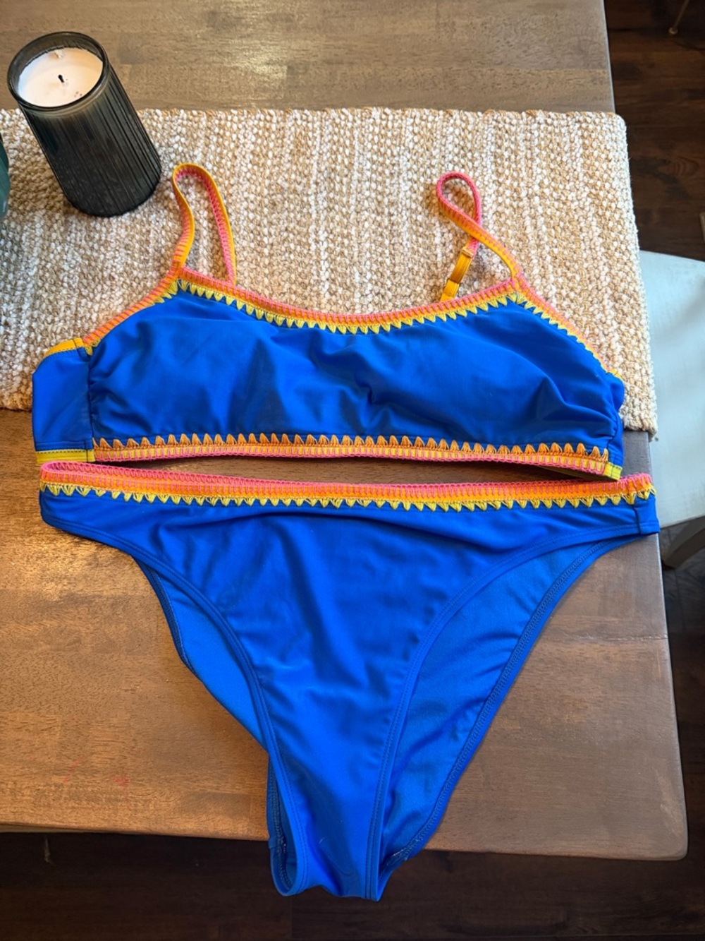 Women’s Blue Two-Piece Swim Set with Pink & Yellow Trim